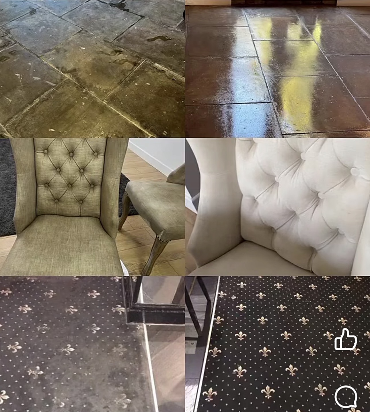 Before and after clean of stone flooring, dining chairs and patterned carpet