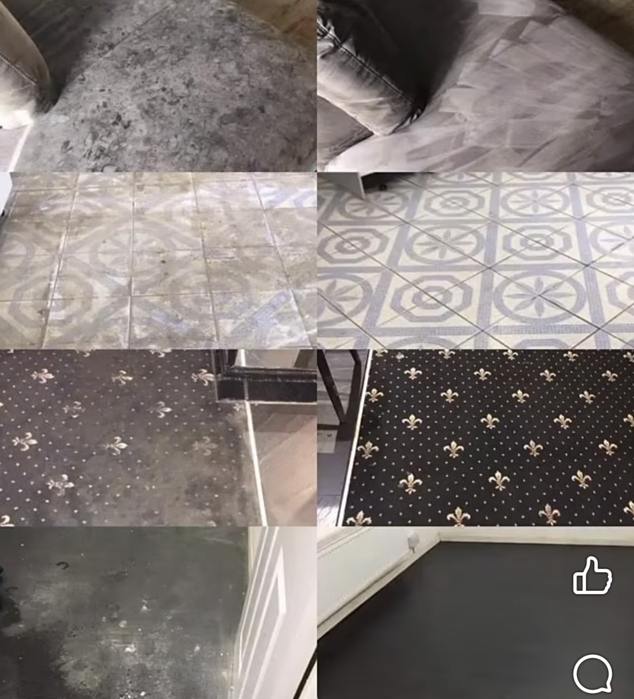 Before and after clean of patterned tiled floors and dark carpet