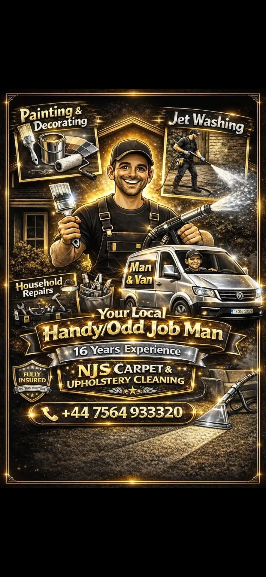 NJS services: carpet and upholstery cleaning, painting and decorating, jet washing, household repairs, man and van