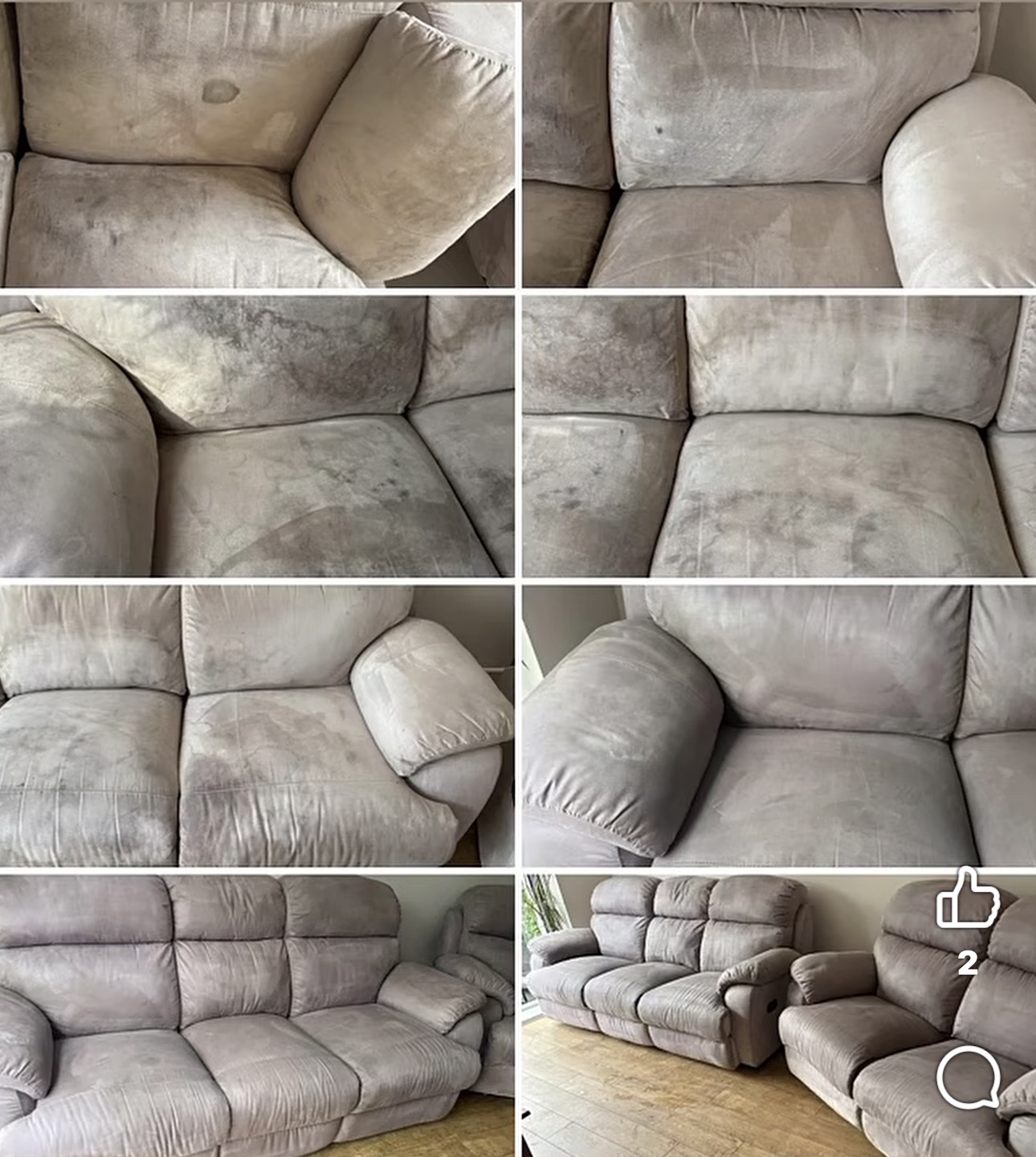 Before and after upholstery clean of a grey fabric recliner suite